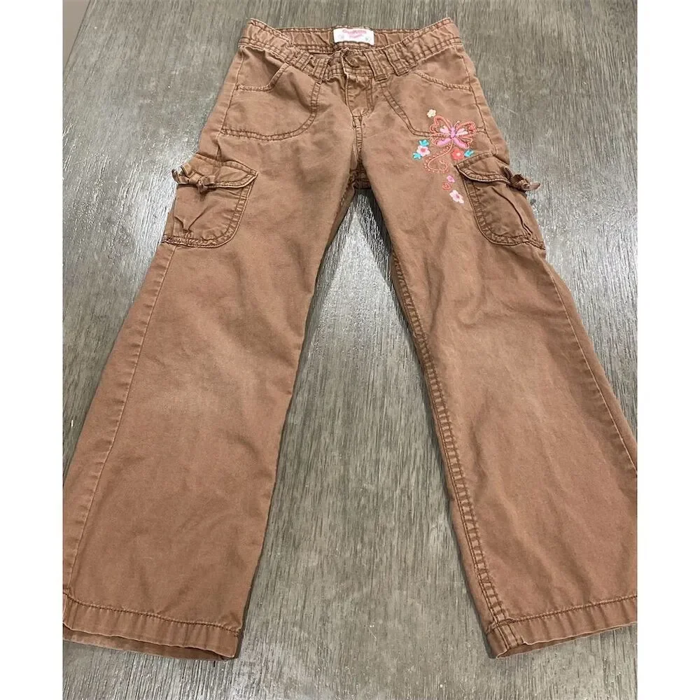 OshKosh B'gosh Girls M Brown Embroidered Cargo Pants Butterfly Floral 6X